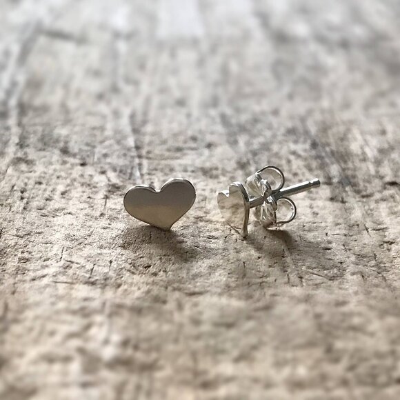 Sterling Silver Flat Heart Stud Earrings for Valentine's Day Gift Idea - Picture 2 of 4